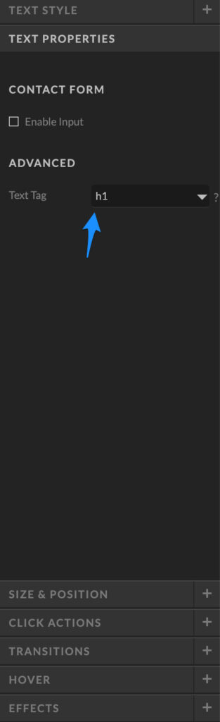 h1-tags-showit-seo - Showit Showit app Text Properties panel to change text elements to H1 tags